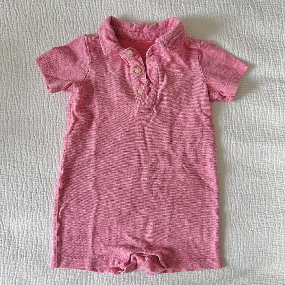Primary Pink cotton Oxford romper 12-18 month boy or girl summer shortie w snap